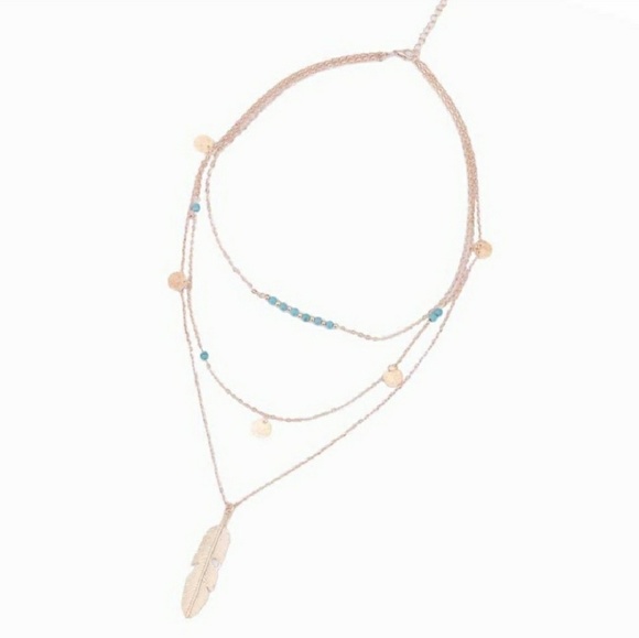 Turquoise Golden Feather Multi Layer Necklace - Picture 3 of 3